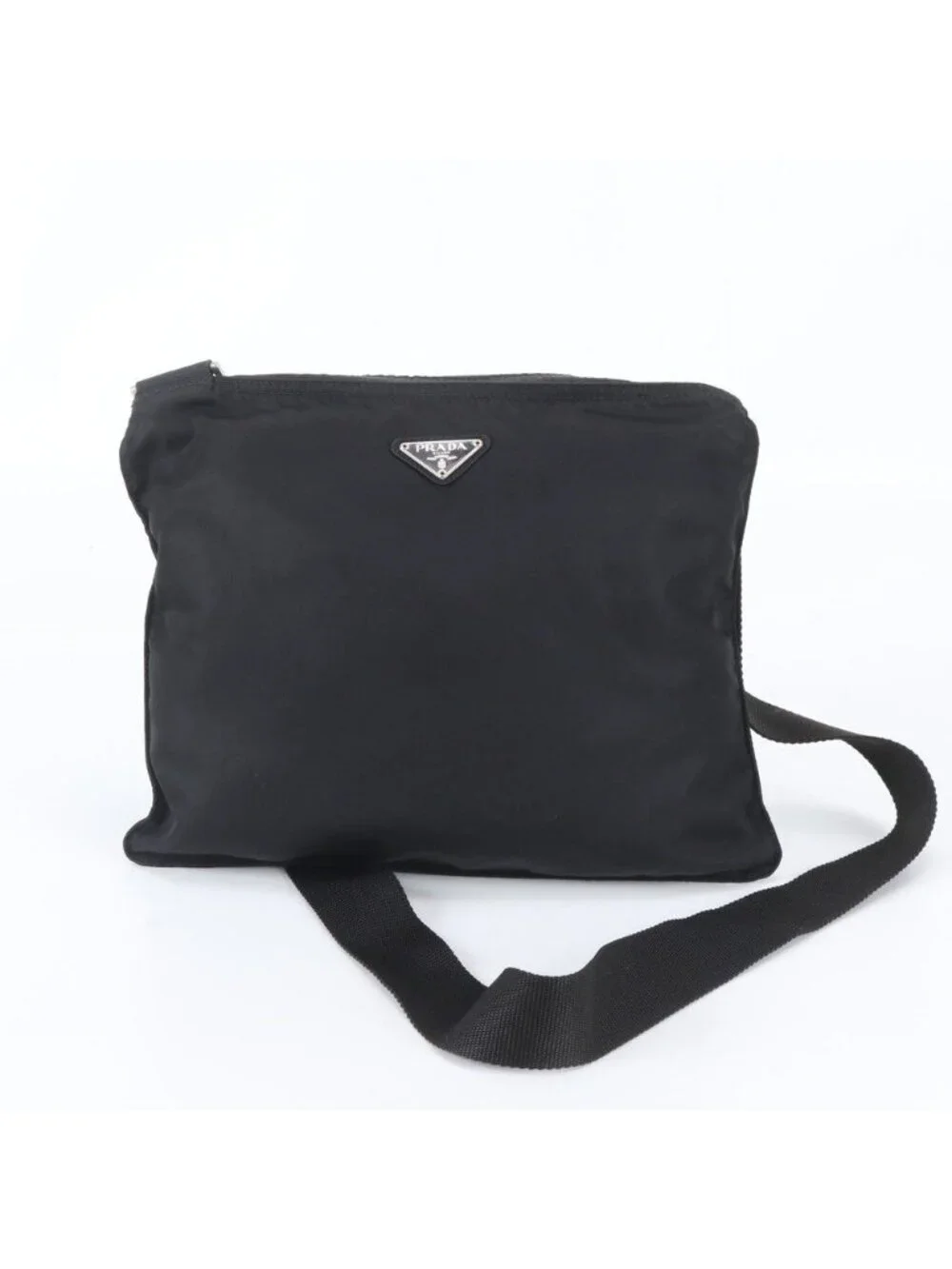 Prada Tessuto Nylon Triangle Logo Leather Shoulder Bag Crossbody Messenger Black